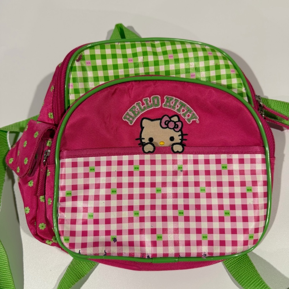 Y2K Vintage 2004 Hello Kitty Sanrio Pink & Lime Green Flower Plaid Mini Backpack